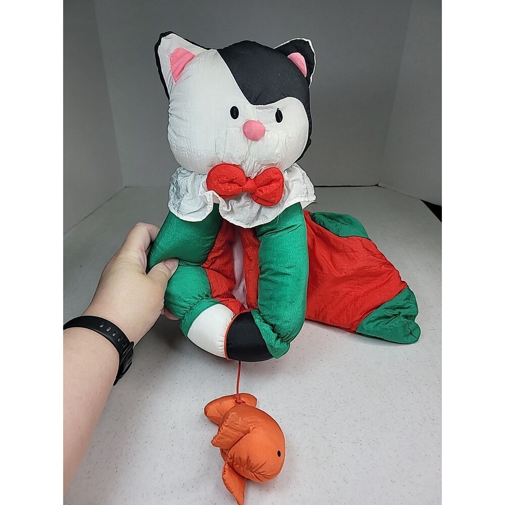 Vintage Department 56 Christmas Kitty Cat Puffy Nylon Parachute Stocking 90s 12"